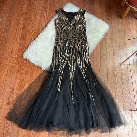Y2k vintage black and gold beaded mermaid prom dress - Picture 6 of 8